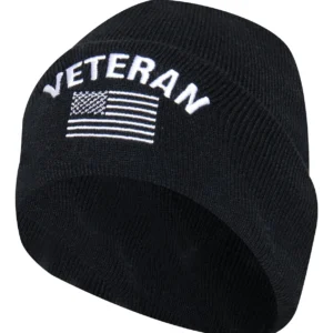 Veteran With US Flag Fine Knit Watch Cap - Black
