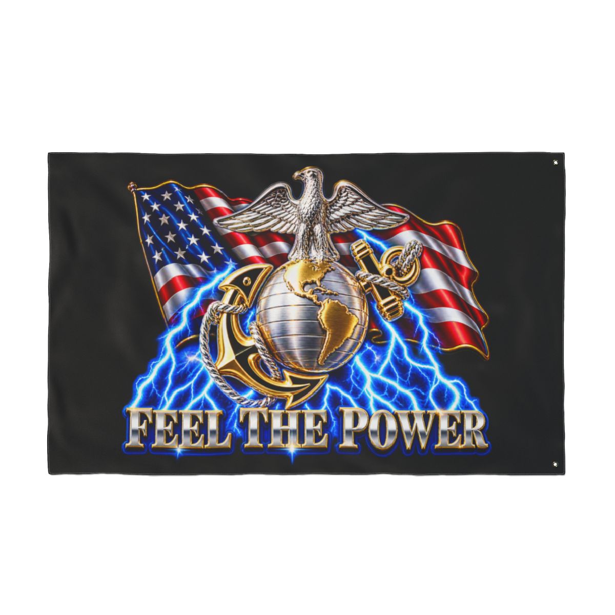 Double-Sided US Marine Corps Flag — "Feel the Power" Patriotic Battle EGA Banner — back