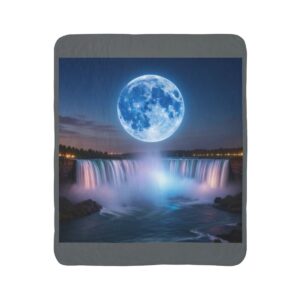 Moonlit Waterfall Sherpa Blanket — Cozy Blue Full Moon Night Throw