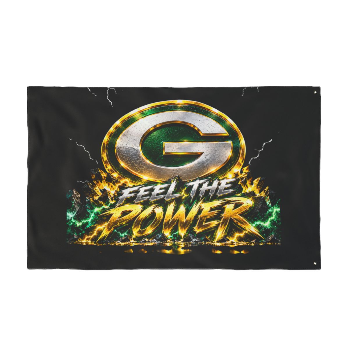 Packers Double-Sided Flag — "Feel the Power" Fire & Lightning Design — back