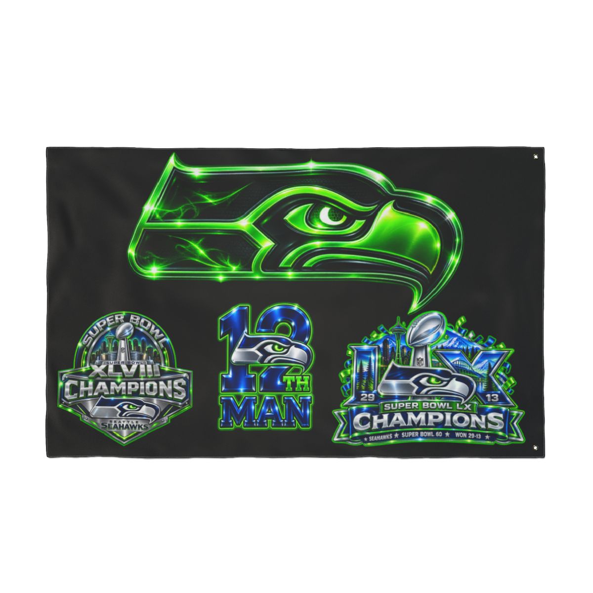 Seattle Seahawks 12th Man Double-Sided Fan Flag — Super Bowl Champions Design — back