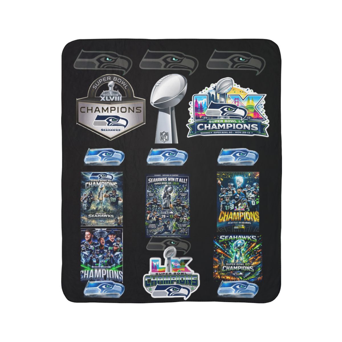 Seattle Seahawks Champions Fleece Sherpa Blanket – NFL Super Bowl Collage Throw
