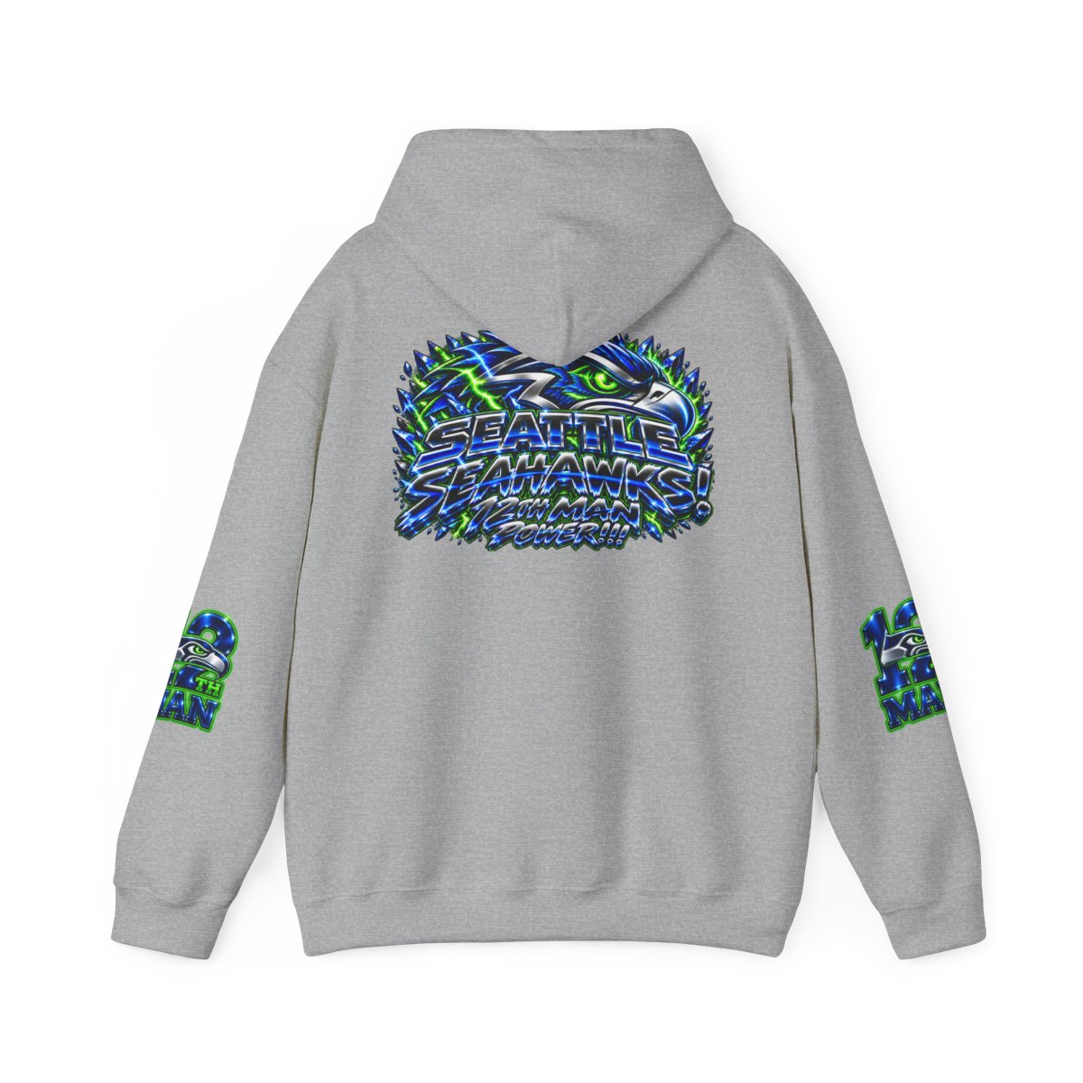 Seattle Seahawks Hoodie — Neon Logo & Sleeve Graphics, NFL Fan Pullover — back
