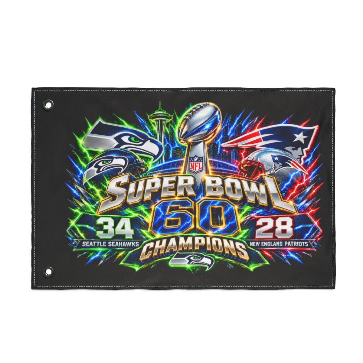 Seattle Seahawks Super Bowl 60 Champions Double-Sided Flag — 34-28 vs Patriots