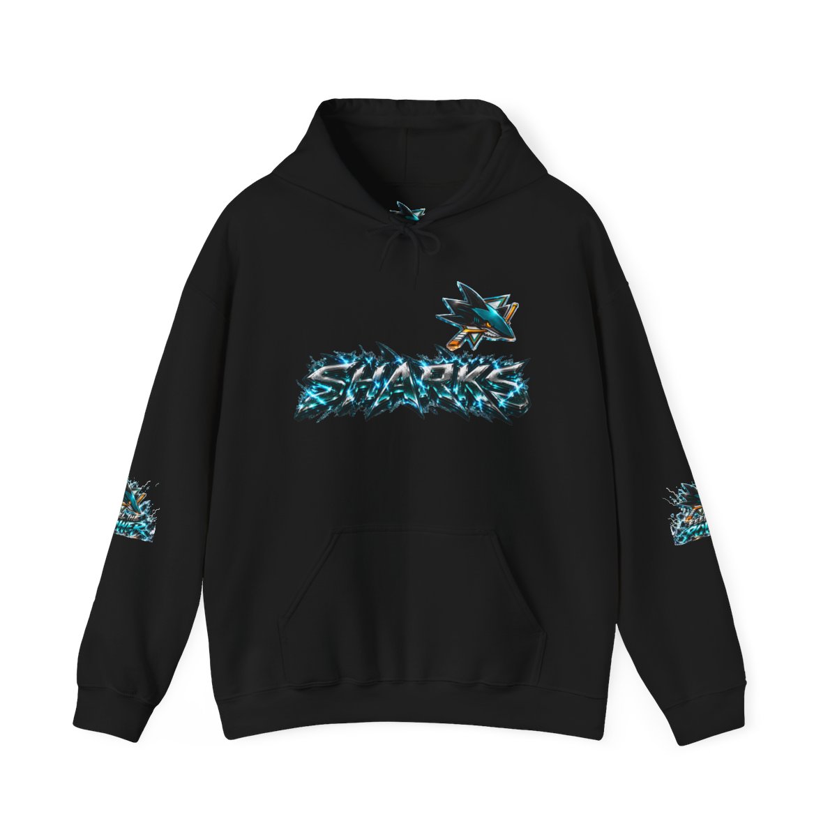 Sharks Feel the Power Hoodie – Teal Shark Graphic Pullover — front