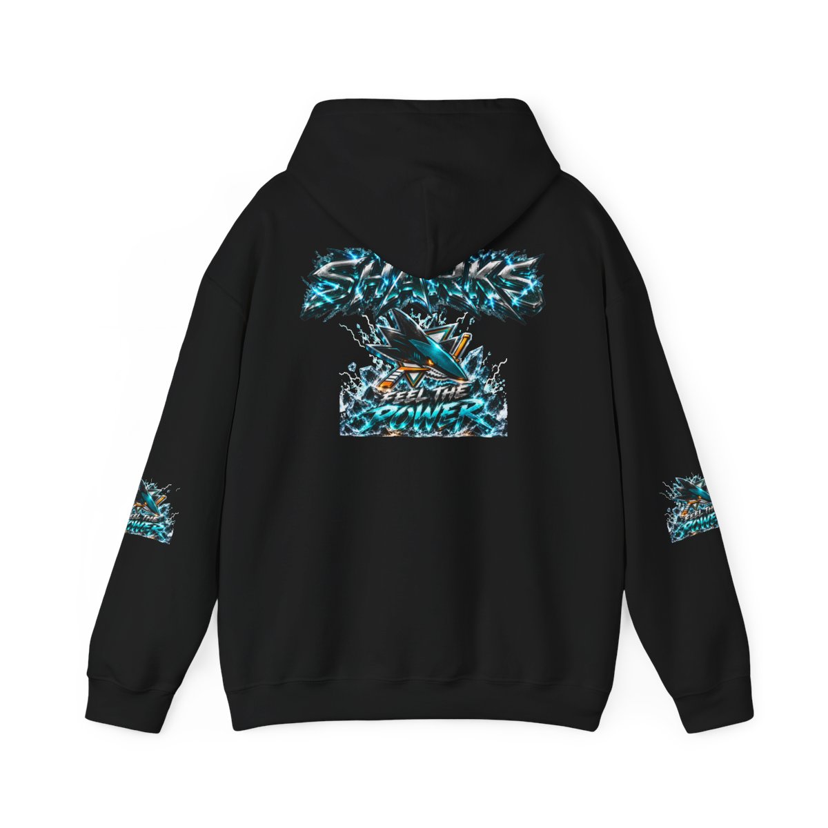 Sharks Feel the Power Hoodie – Teal Shark Graphic Pullover — back