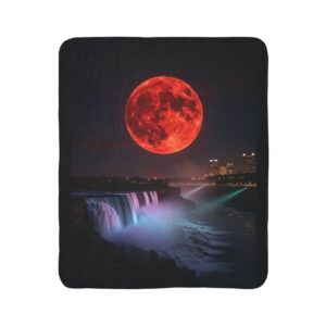 Sherpa Blanket — Red Moon Over Waterfall Nightscape