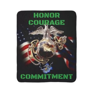 USMC Eagle Globe Anchor Sherpa Blanket – "Honor Courage Commitment" Military Throw