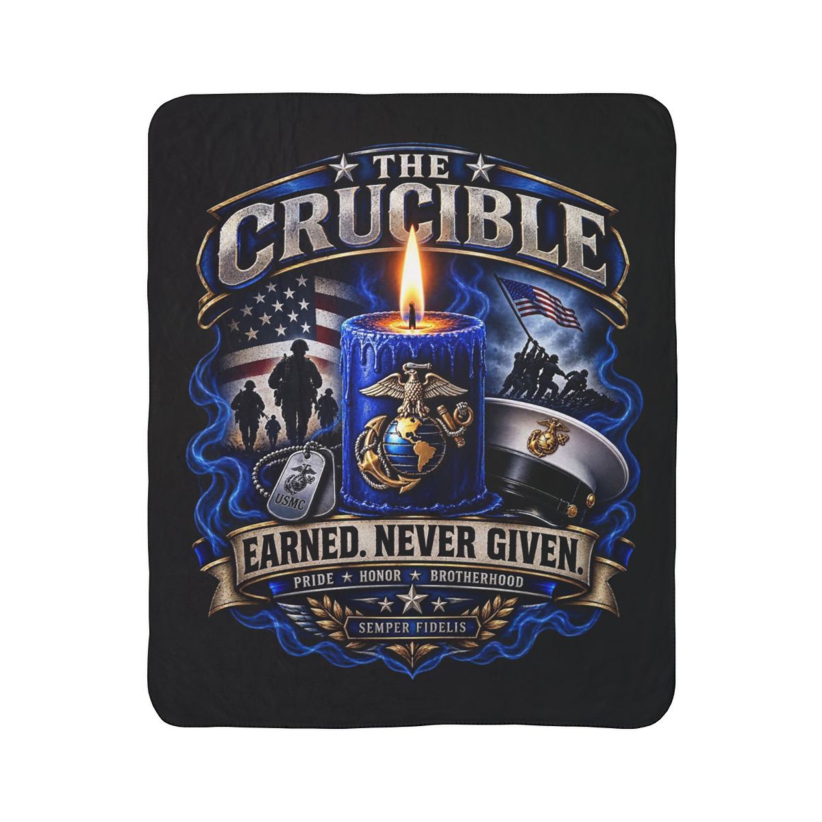 USMC 'The Crucible' Fleece Sherpa Blanket — "Earned. Never Given." Patriotic Marine Corps Throw